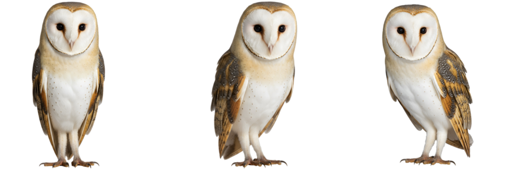 Three barn owls standing against a solid color white studio setting transparent background