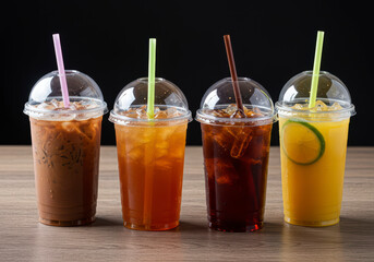 Fototapeta premium Colorful iced coffee, tea, and juice in transparent cups, perfect for refreshing takeaway beverage themes.
