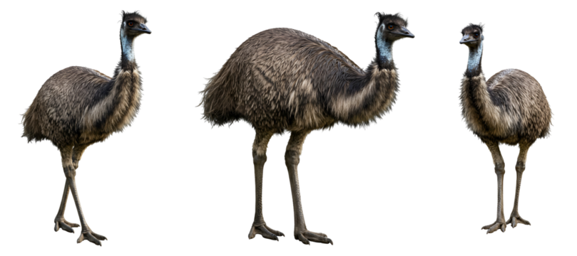 Three emus standing tall with their long necks and fluffy feathers transparent background