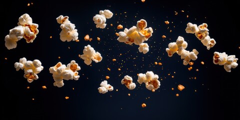 Popcorn explosion captured mid air against dark background for creative design