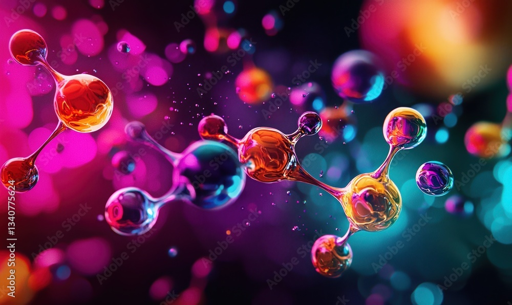 Poster vibrant molecular structures in a colorful abstract representation with dynamic fluid shapes explori