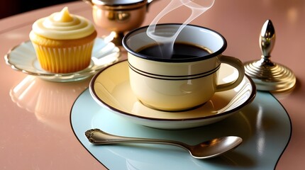 retro diner scene with enamel coffee cup and cupcake for use in nostalgic product advertisements or vintage promotions