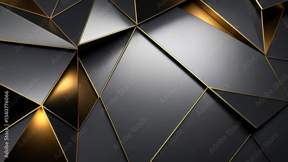 Poster abstract geometric pattern of overlapping triangles and polygons in dark gray, white, and gold. comp