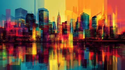 Obraz premium Colorful city skyline with reflection creates an urban abstract
