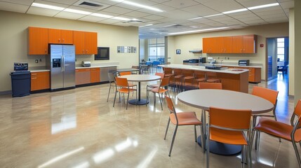 A spacious office breakroom with a fully equipped kitchen, communal dining tables, and a coffee bar