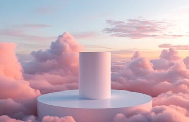 White cylindrical podium in the clouds, pink sky background, soft pastel colors