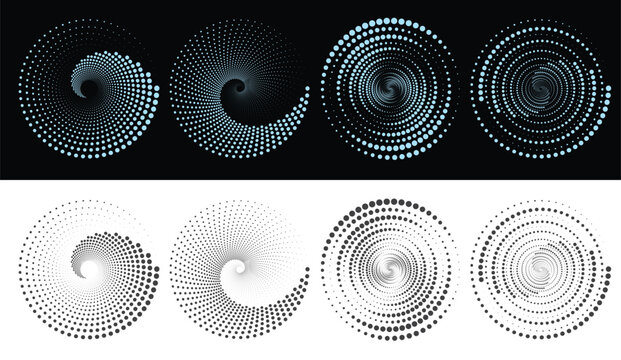 Abstract monochrome backgrounds vector  set. Optical art. Design spiral dots backdrop.