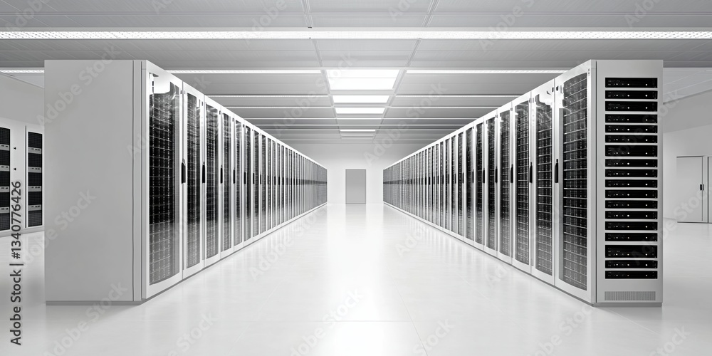 Poster advanced data center featuring four rows of powerful servers in a modern facility
