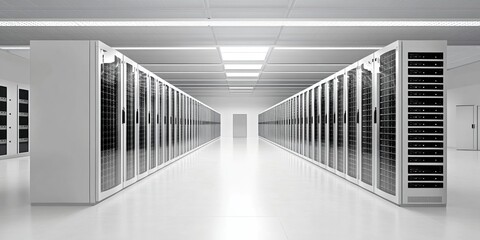 Advanced data center featuring four rows of powerful servers in a modern facility