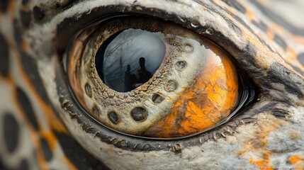 Close-up of a reptile's eye reflecting two people.
