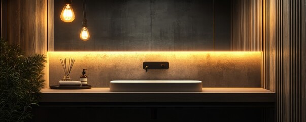 Fototapeta premium Sleek floating vanity design, with iron detailing and a natural wood finish, illuminated by vintage Edison bulbs for a cozy, stylish touch