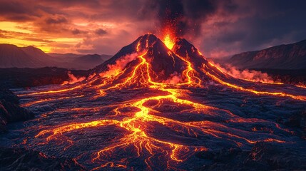 Erupting volcano in nature landscape at sunset capturing lava flow and ash clouds