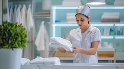 Housekeeping staff neatly folding fresh linens and preparing hotel rooms for guests.