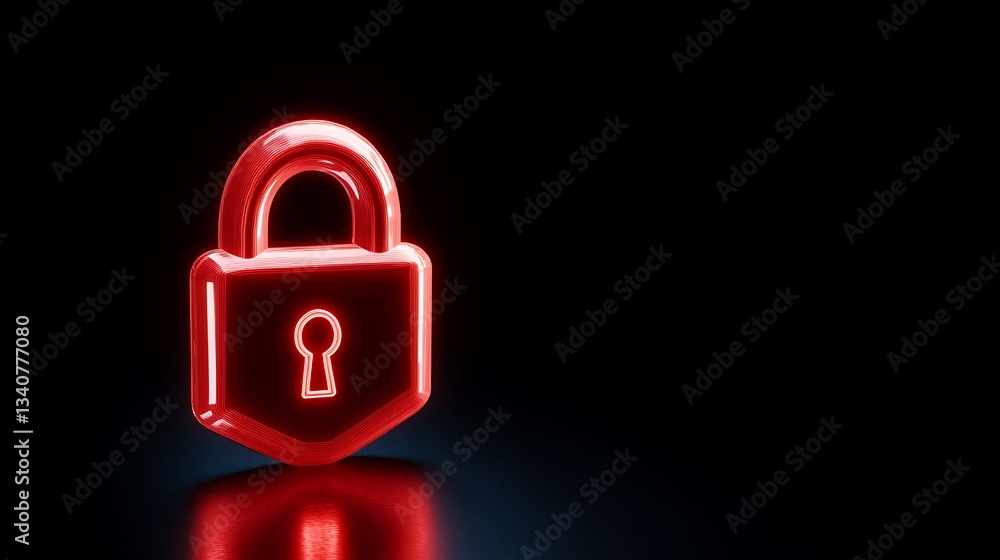 Poster 3d render of a bright red neon lock icon for security and protection concepts on a dark background