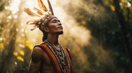 Fototapeta premium A Dayak man wearing traditional war clothes with a beaded vest, a hornbill feather headband, and a typical tribal tattoo decorating his arm, Ai generated images