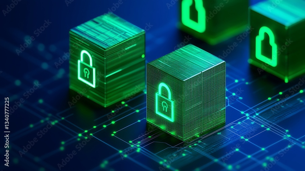 Aufkleber 3d rendering of green security icons on digital background showcasing data protection and technology