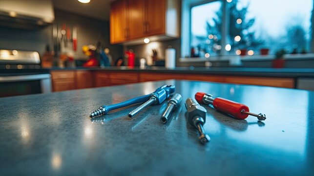 A kitchen countertop featuring DIY tools, metal bolts, and newly purchased cabinet knobs