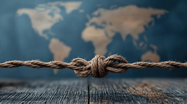 Trade protectionism illustrated by a knot in rope against a world map background with a rustic wooden surface