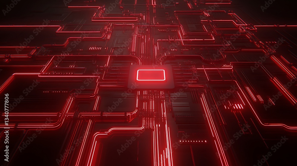 Poster Abstract futuristic red circuit board pattern with glowing lines and central processor in dark atmosphere