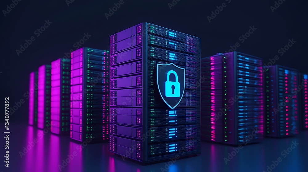 Poster advanced server racks with cybersecurity symbol in neon lights for technology and data protection co