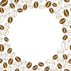Square greeting card with coffee beans border. Vector seamless pattern on white background.