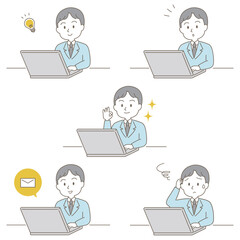 20～40代、小ぎれいな男性のビジネスシーン、シンプルかわいい線タイプ（ブルー寒色・白背景）
