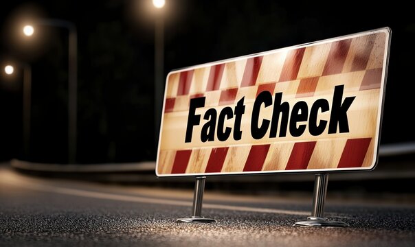 Warning sign indicating a fact check zone along a deserted road at night