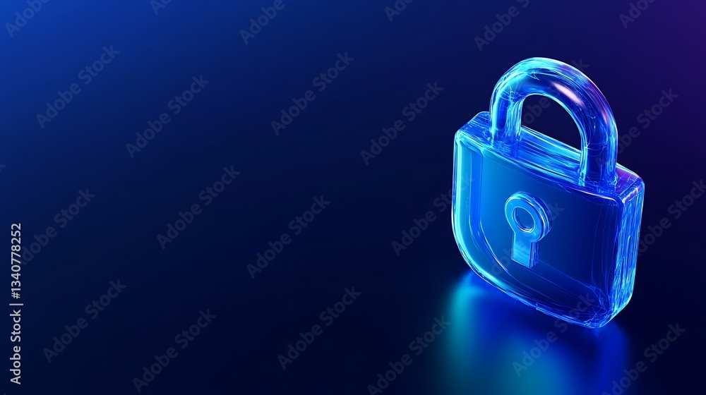 Poster blue transparent lock icon on a dark gradient background representing online security and privacy pr