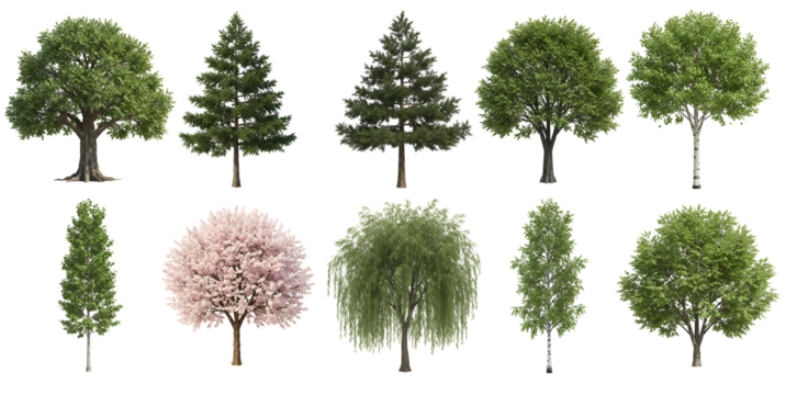 Ten diverse trees showcase foliage and bark against a plain setting transparent background