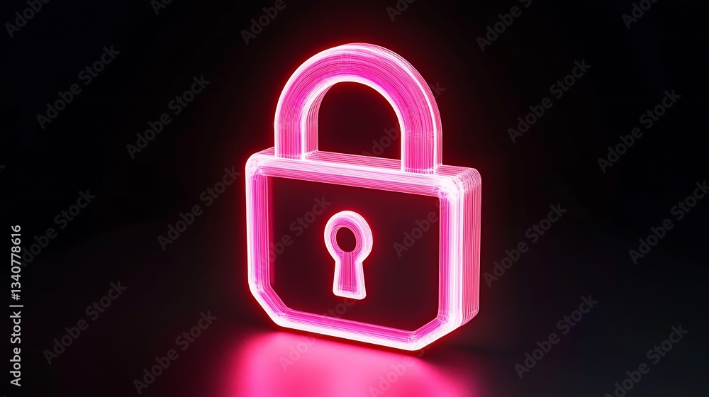 Poster bright neon lock icon with glowing effect on dark background for security and protection concepts