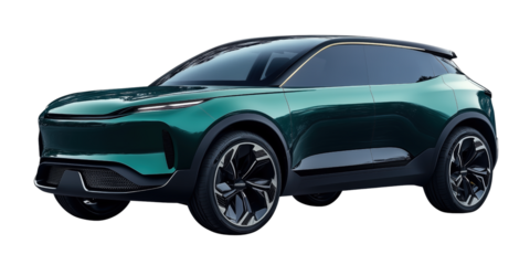 Green Electric SUV car concept isolated on a transparent or a white background, cut out, PNG