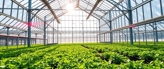Obraz premium Greenhouse filled with vibrant plants under bright sunlight in a spacious environment