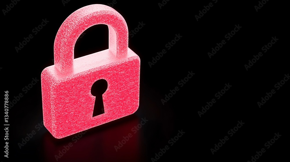 Poster bright pink lock in abstract design on black background with keyhole symbolizing security and protec