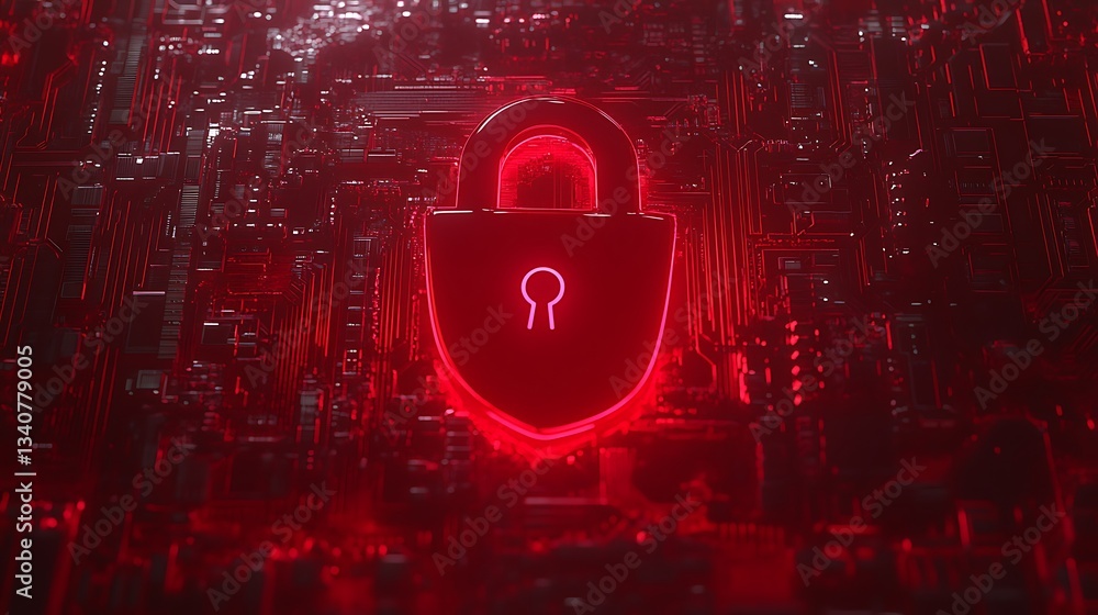 Poster bright red digital lock symbol on a circuit board background representing cybersecurity and data pro
