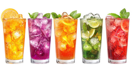 Refreshing Iced Summer Drinks Five Colorful Cocktails with Ice and Fruit