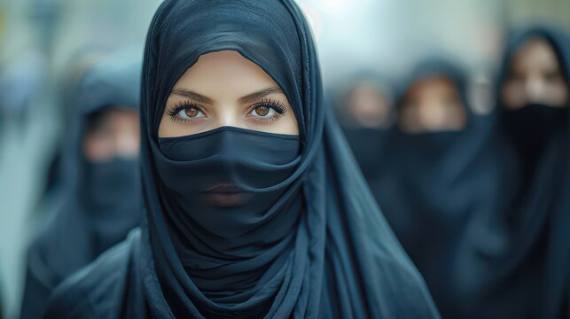 A woman wearing a black scarf and a black veil