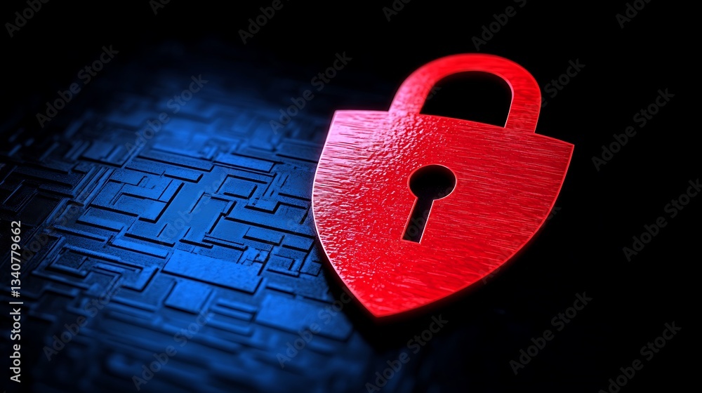Poster bright red padlock symbol with digital circuit background representing cybersecurity and data protec