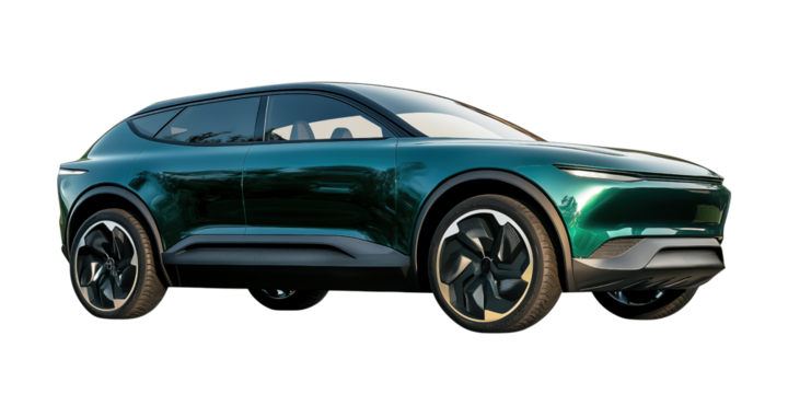 Green Electric SUV car concept isolated on a transparent or a white background, cut out, PNG