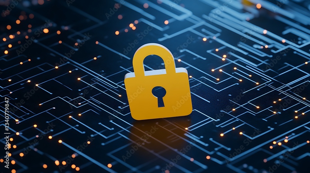 Poster bright yellow padlock symbolizing security with digital technology background and circuit patterns