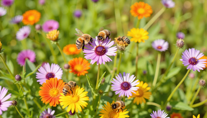 Obraz premium Bees buzzing over vibrant wildflowers in sunny meadow, nature's harmony