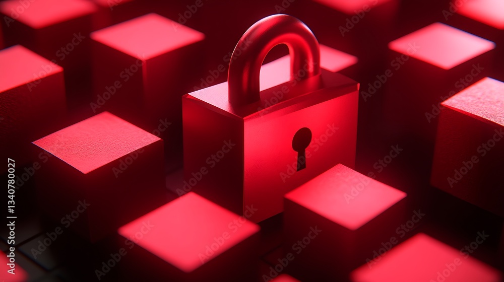 Poster central red padlock surrounded by red blocks on a dark background representing security and protecti