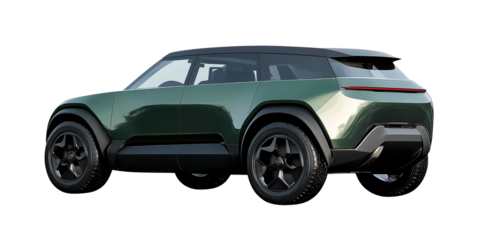 Green Electric SUV car concept isolated on a transparent or a white background, cut out, PNG