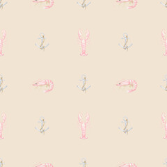 anchor, crabs, shrimps, lobsters. Watercolor seamless pattern in pastel colors. Cute seafood illustration for textile, wrapping paper, menu
