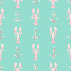 anchor, crabs, shrimps, lobsters. Watercolor seamless pattern in pastel colors. Cute seafood illustration for textile, wrapping paper, menu