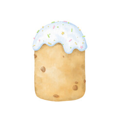 Easter cake with icing. Cute watercolor illustration in pastel colors for textile, wrapping paper for Easter celebration