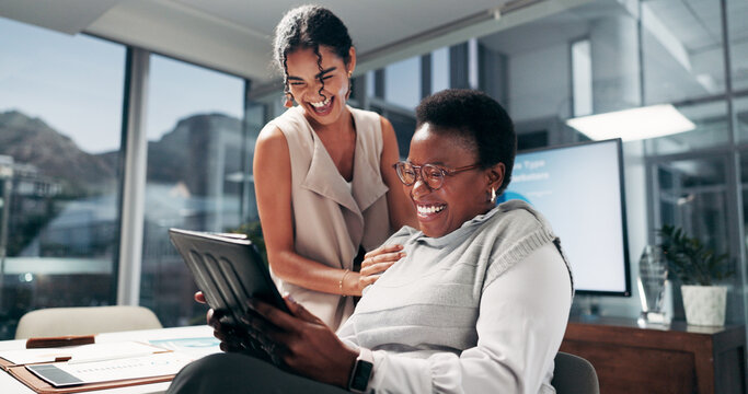 Design, friends and tablet with business people laughing in office for humor, joke or meme. Collaboration, creative and funny with employee women in workplace for project management or teamwork