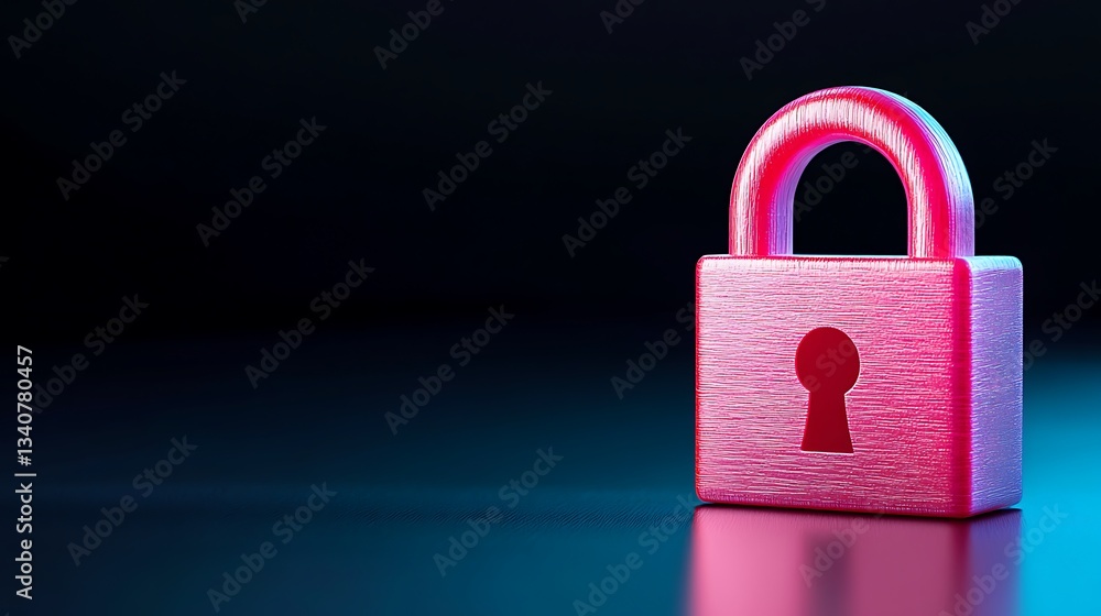 Poster colorful 3d rendering of a pink lock with keyhole on dark background for security and safety concept