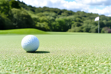 Fototapeta premium A golf ball resting on lush green grass with a shallow depth of field, emphasizing the ball in sharp focus while the background gently blurs, highlighting the moment of play