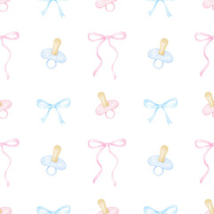 baby nipples, bottles, bows. Watercolor seamless pattern in pastel colors on white background. Cute newborn illustration for textile, wrapping paper, nursery