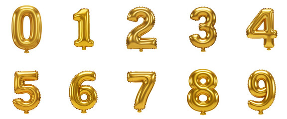 Shiny golden number balloons from zero to nine on a plain setting transparent background